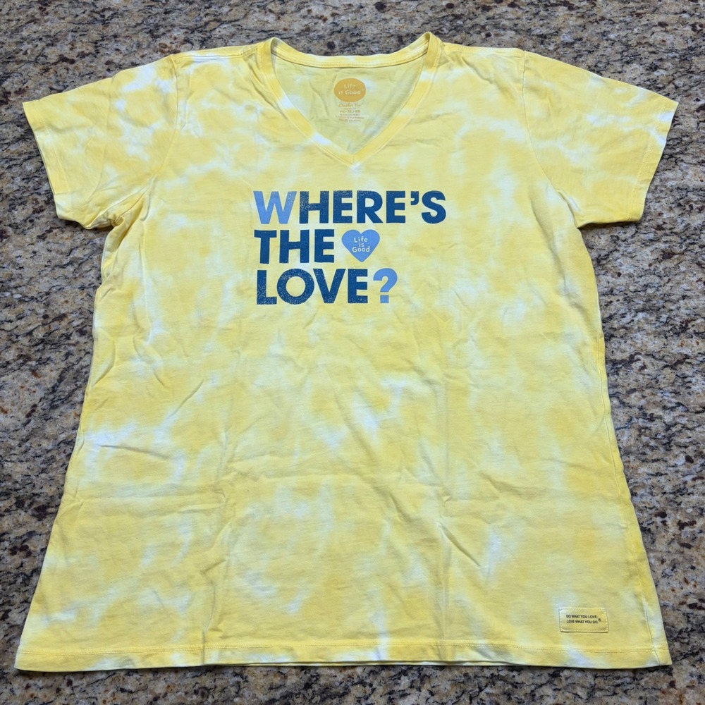 Life is Good Women XL Yellow Tie Dye Wheres The Love Crusher V-Neck T-Shirt v
